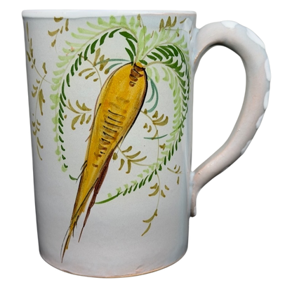 Carrot and Spoon Hand-Painted Made in Italy Pottery Mug featuring a vibrant carrot design and delicate foliage