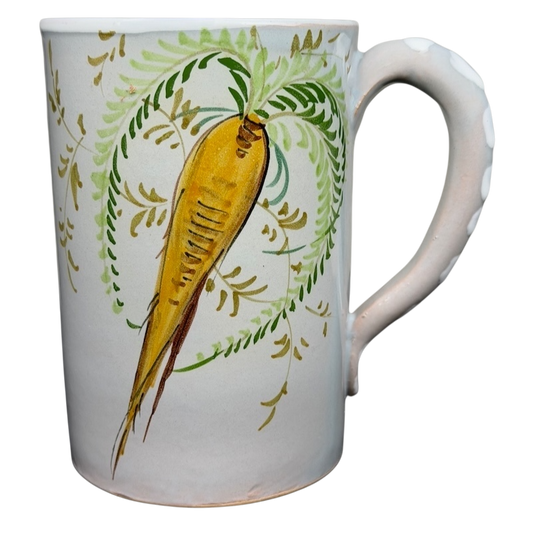 Carrot and Spoon Hand-Painted Made in Italy Pottery Mug featuring a vibrant carrot design and delicate foliage