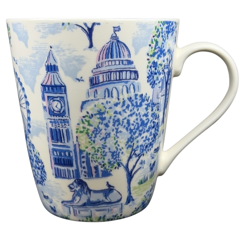 Cath Kidston London mug featuring iconic London landmarks in a blue and white design