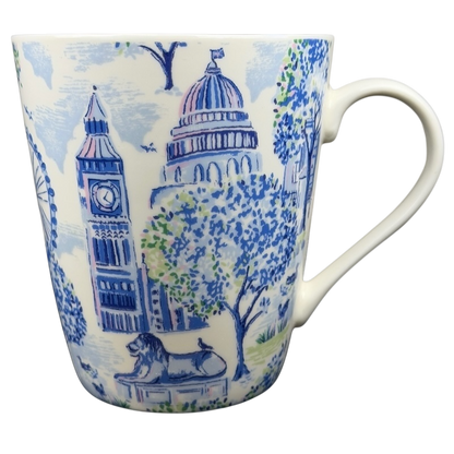 Cath Kidston London mug featuring iconic London landmarks in a blue and white design