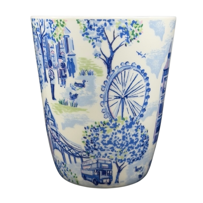 Cath Kidston London mug featuring iconic London landmarks in blue and white design