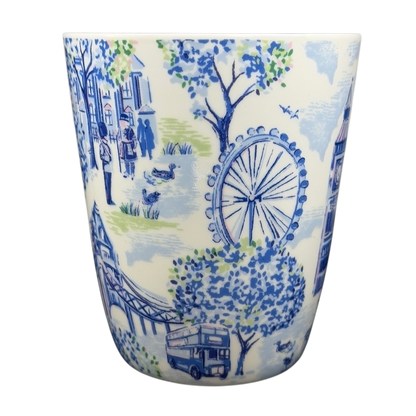Cath Kidston London mug featuring iconic London landmarks in blue and white design
