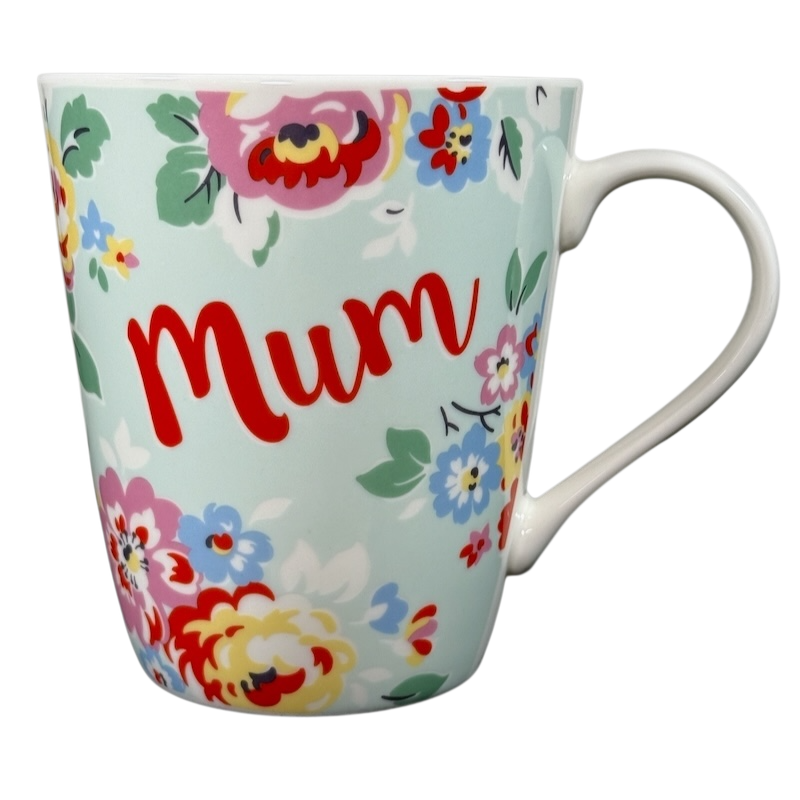 Cath Kidston vintage mum floral mug with colorful flower pattern and red Mum text