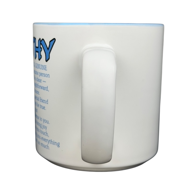 Cathy name mug vintage in white with blue text detailing personality traits and friendship values