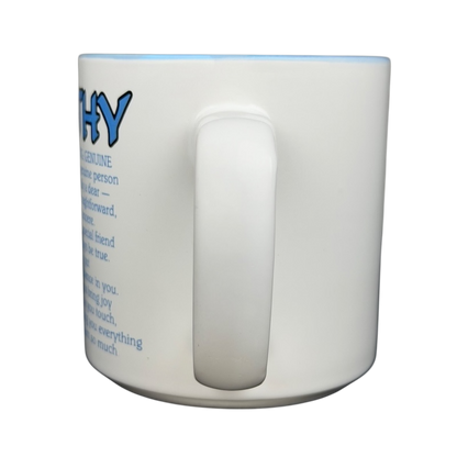 Cathy name mug vintage in white with blue text detailing personality traits and friendship values