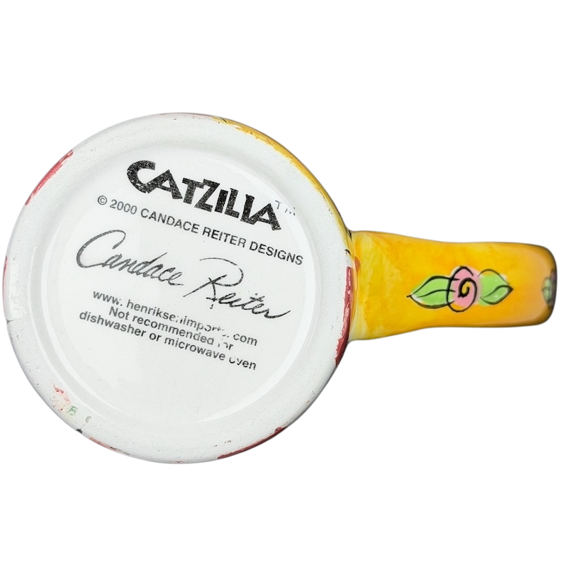Catzilla Candace Reiter Designs Cats Flowers Mug with colorful floral patterns and a yellow base