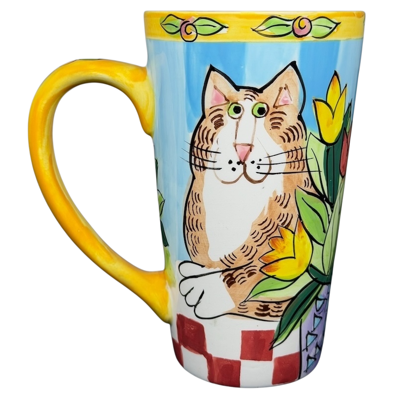 Catzilla Candace Reiter Designs Cats Flowers Mug featuring a whimsical cat and colorful floral design