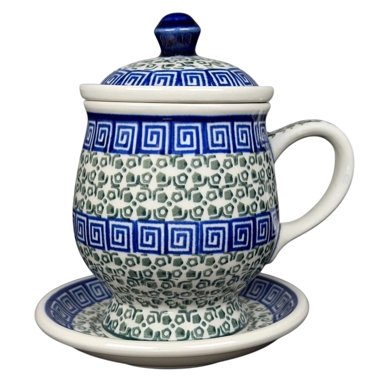 Decorative Polish Pottery Tea Infuser Brewing Boleslawiec Mug Ceramika Artystyczna with lid and saucer