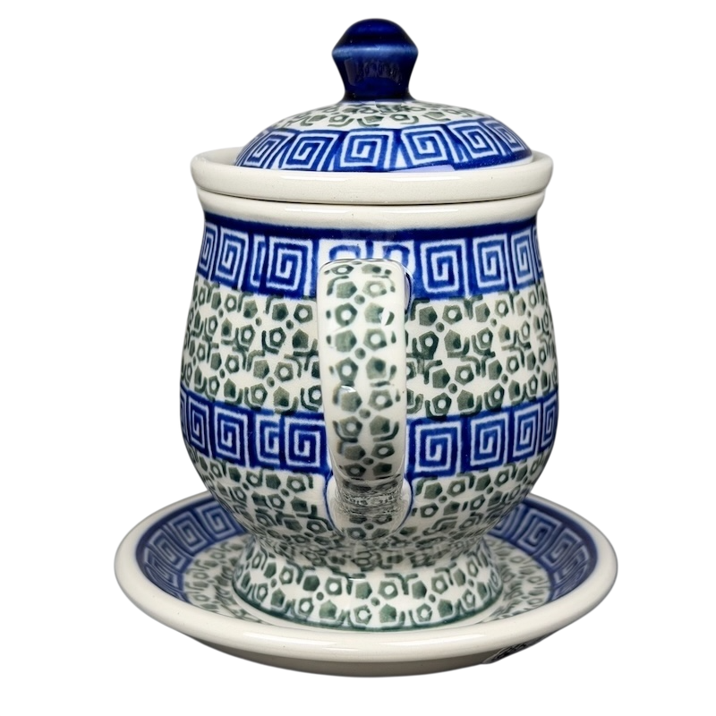 Polish Pottery Tea Infuser Brewing Boleslawiec Mug Ceramika Artystyczna with intricate blue and green designs