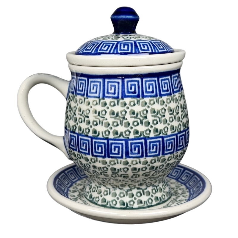 Ceramika Artystyczna Polish Pottery Tea Infuser Brewing Boleslawiec Mug with Ceramic Lid and Matching Saucer
