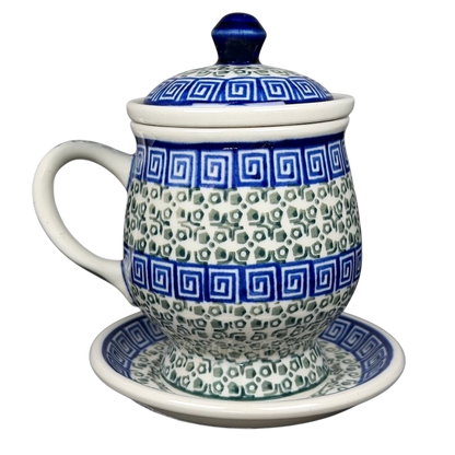 Ceramika Artystyczna Polish Pottery Tea Infuser Brewing Boleslawiec Mug with Ceramic Lid and Matching Saucer
