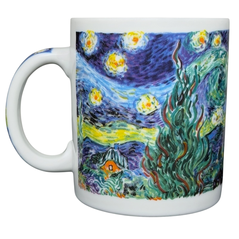 Chaleur Starry Night Van Gogh vintage mug with vibrant artwork featuring swirling stars and landscapes