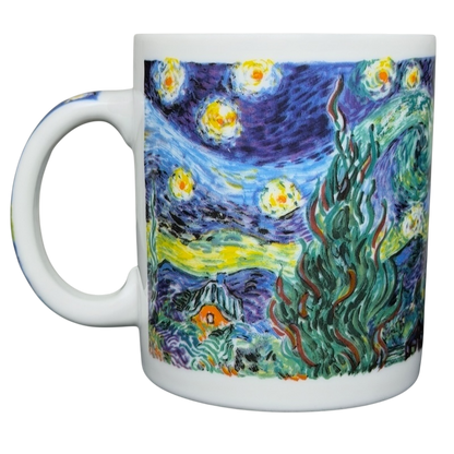 Chaleur Starry Night Van Gogh vintage mug with vibrant artwork featuring swirling stars and landscapes