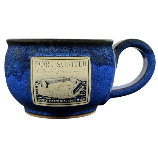 Fort Sumter National Monument vintage pottery mug blue glazed ceramic commemorative souvenir with fort graphic