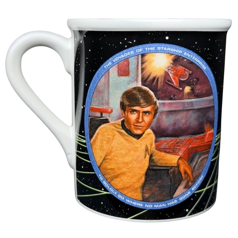 Chekov Star Trek vintage mug featuring a colorful illustration of Chekov at the starship console