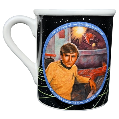 Chekov Star Trek vintage mug featuring a colorful illustration of Chekov at the starship console