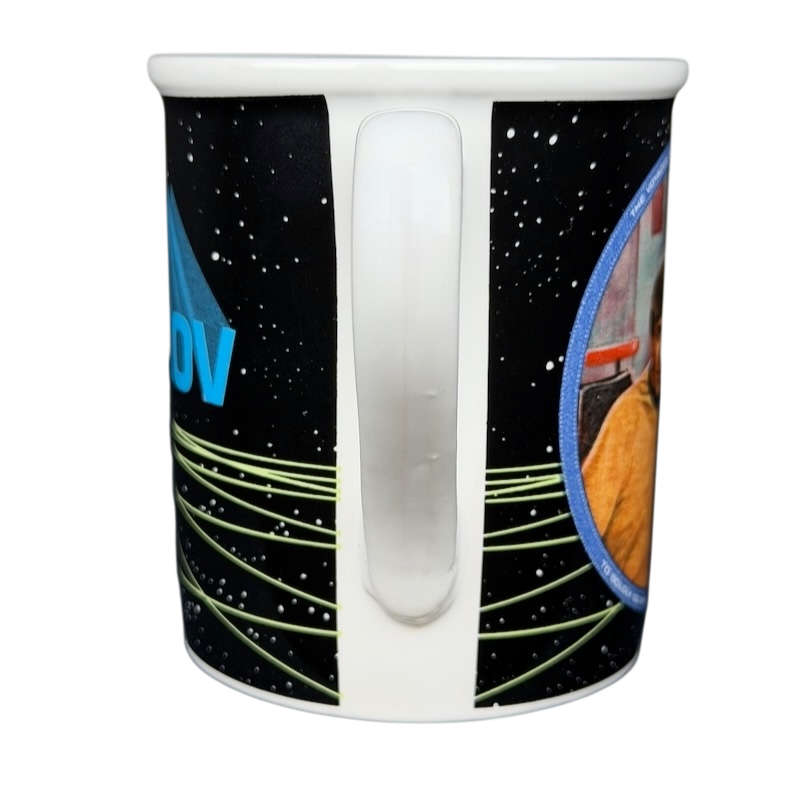 Chekov Star Trek vintage mug featuring vibrant space theme and character portrait