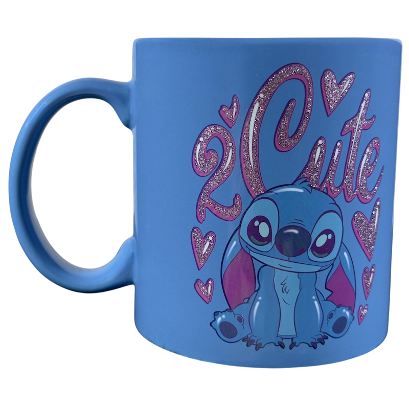 Disney collectible Stitch mug with cute design and sparkling hearts for fans to purchase