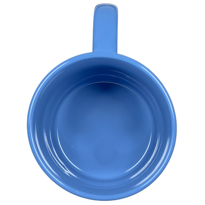 Top view of a blue Disney collectible Stitch mug purchase featuring a smooth glossy finish