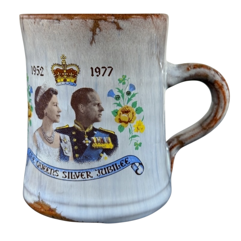 Queen's Silver Jubilee vintage 1977 pottery mug with royal couple portrait and floral design