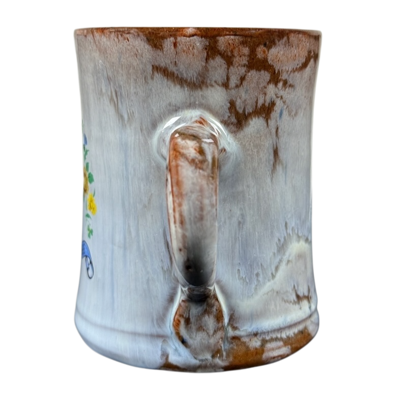 Queen's Silver Jubilee vintage 1977 pottery mug. Brown and white drip glazed ceramic mug with handle