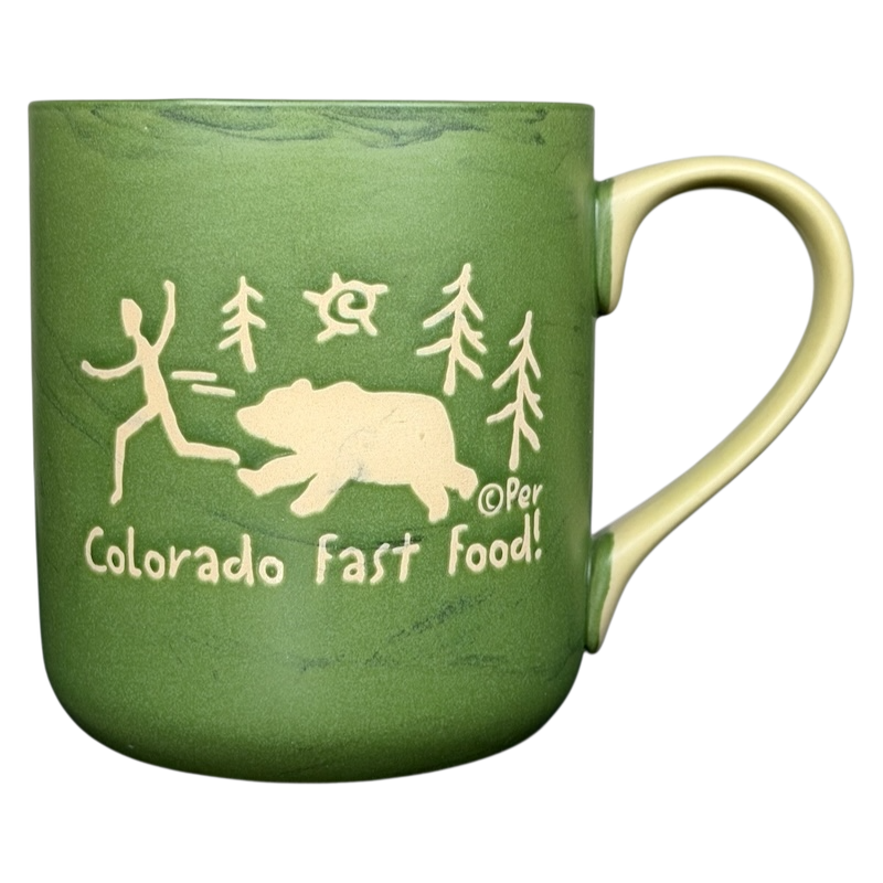 Green Colorado fast food bear mug collectible featuring a bear and running figure design