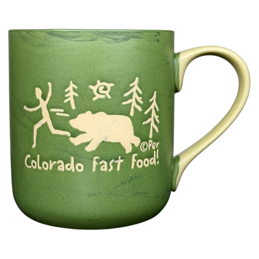 Green Colorado fast food bear mug collectible featuring a bear and running figure design