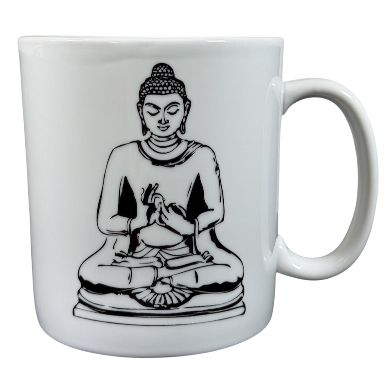 Coventry Buddha collectible coffee mug featuring a black and white Buddha design on a white ceramic mug