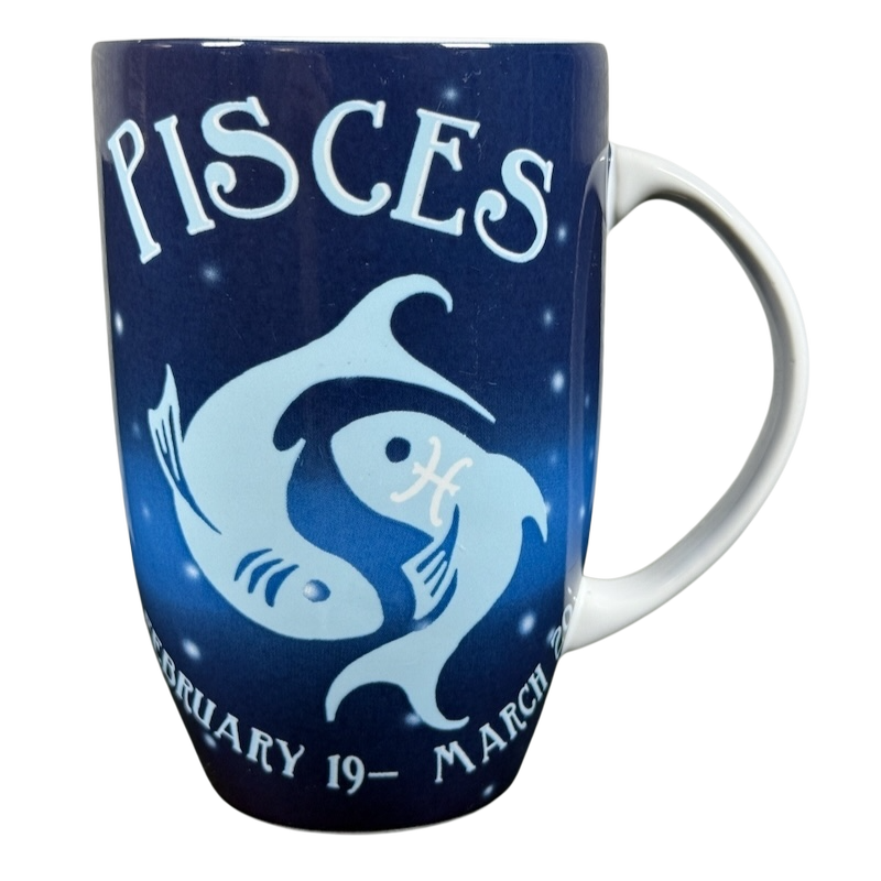 Coventry Pisces astrology collectible mug navy blue ceramic mug with Pisces fish symbol and February 19 - March 20 dates