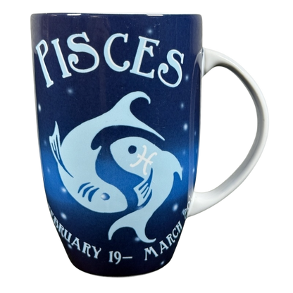 Coventry Pisces astrology collectible mug navy blue ceramic mug with Pisces fish symbol and February 19 - March 20 dates