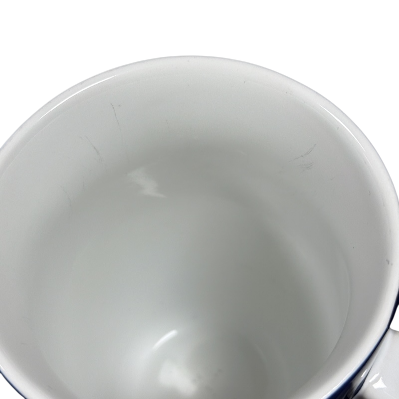 Close up top view of empty white ceramic Coventry Pisces astrology collectible mug interior with light scratches