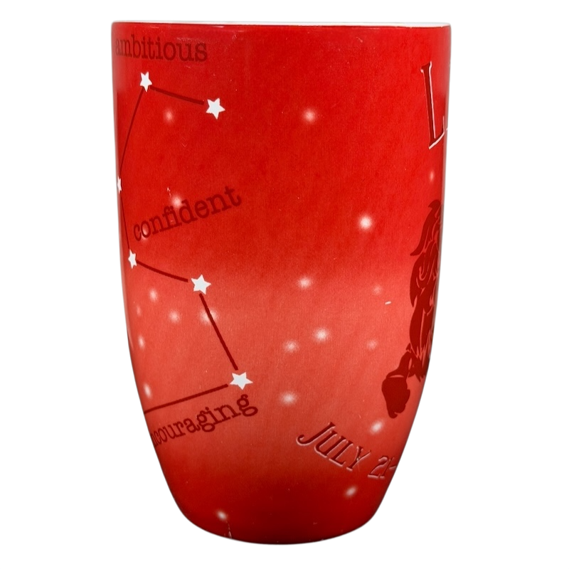 Leo zodiac astrology Coventry mug featuring constellation and personality traits on a vibrant red background