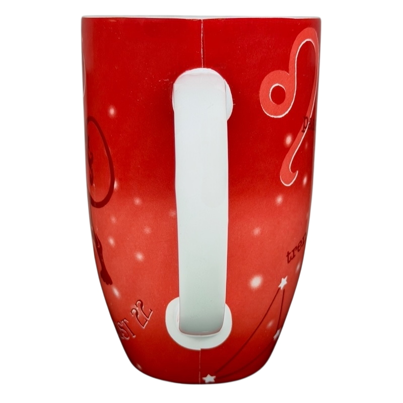 Red Coventry mug featuring Leo zodiac astrology design with constellation and symbols