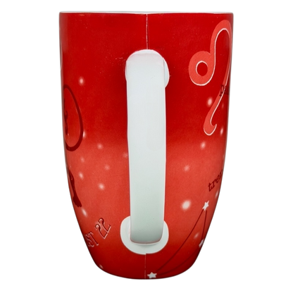 Red Coventry mug featuring Leo zodiac astrology design with constellation and symbols