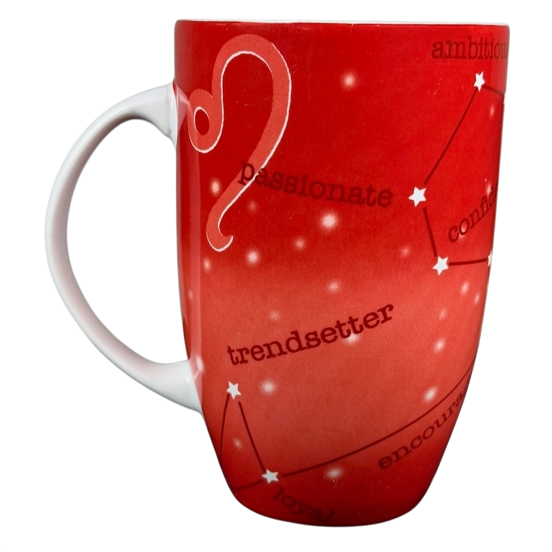 Red Coventry mug featuring Leo zodiac astrology design with words like passionate and ambitious