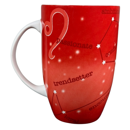 Red Coventry mug featuring Leo zodiac astrology design with words like passionate and ambitious