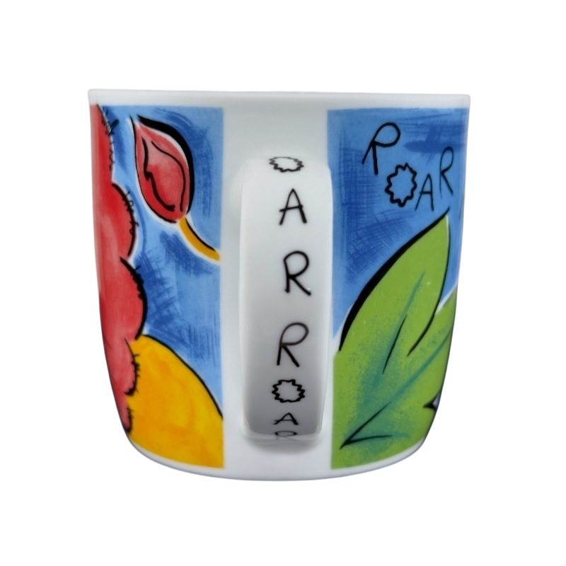 San Diego Zoo vintage lion mug with colorful hand-painted floral and leaf designs and ROAR text