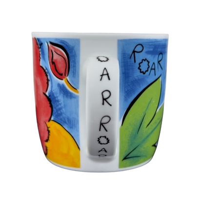 San Diego Zoo vintage lion mug with colorful hand-painted floral and leaf designs and ROAR text