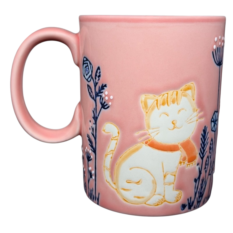 Cute Pink Cat Orange Scarf Ember Glow Mug with a cheerful cat design and floral accents