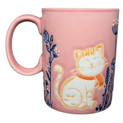 Cute Pink Cat Orange Scarf Ember Glow Mug with a cheerful cat design and floral accents
