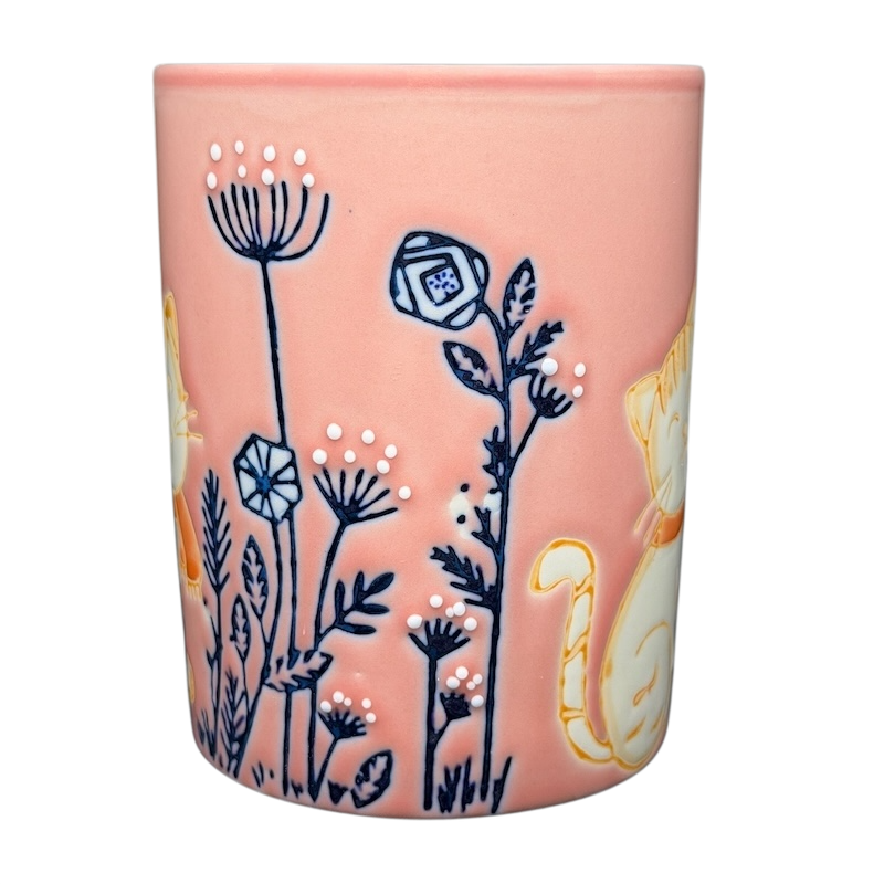 Cute Pink Cat Orange Scarf Ember Glow Mug Featuring Floral Design and Playful Cat Illustration