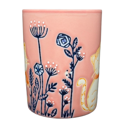 Cute Pink Cat Orange Scarf Ember Glow Mug Featuring Floral Design and Playful Cat Illustration