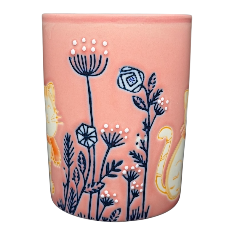 Cute Pink Cat Orange Scarf Ember Glow Mug with floral design and playful illustrations