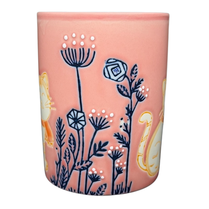 Cute Pink Cat Orange Scarf Ember Glow Mug with floral design and playful illustrations