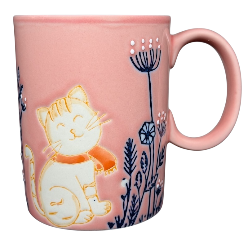 Cute Pink Cat Orange Scarf Ember Glow Mug featuring a happy cat design with floral elements