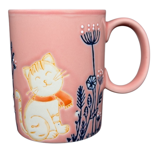 Cute Pink Cat Orange Scarf Ember Glow Mug featuring a happy cat design with floral elements