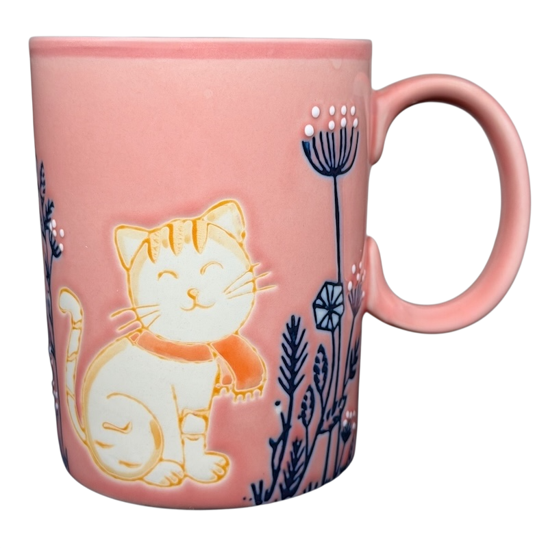 Cute Pink Cat Orange Scarf Ember Glow Mug with floral design and cheerful cat illustration