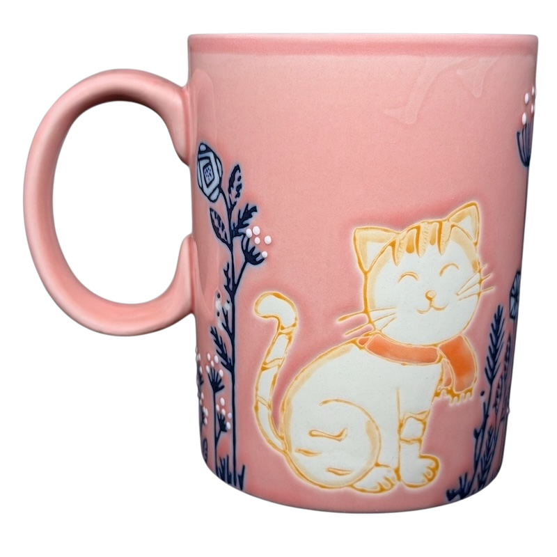 Cute Pink Cat Orange Scarf Ember Glow Mug featuring a smiling cat design with floral accents