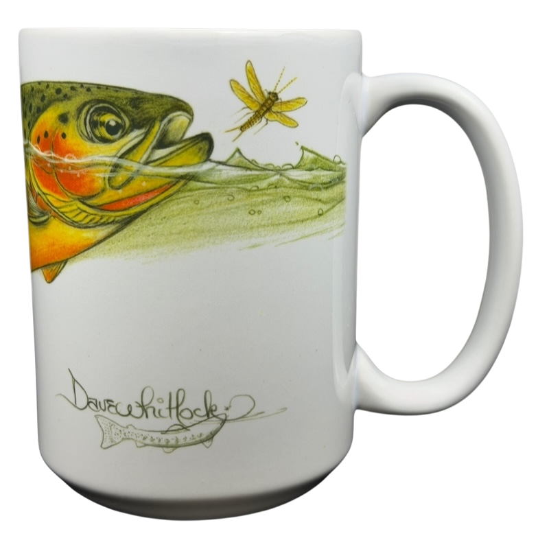 Dave Whitlock Trout and Dragonfly Fly Fishing Mug featuring vibrant fish and insect artwork