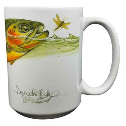 Dave Whitlock Trout and Dragonfly Fly Fishing Mug featuring vibrant fish and insect artwork